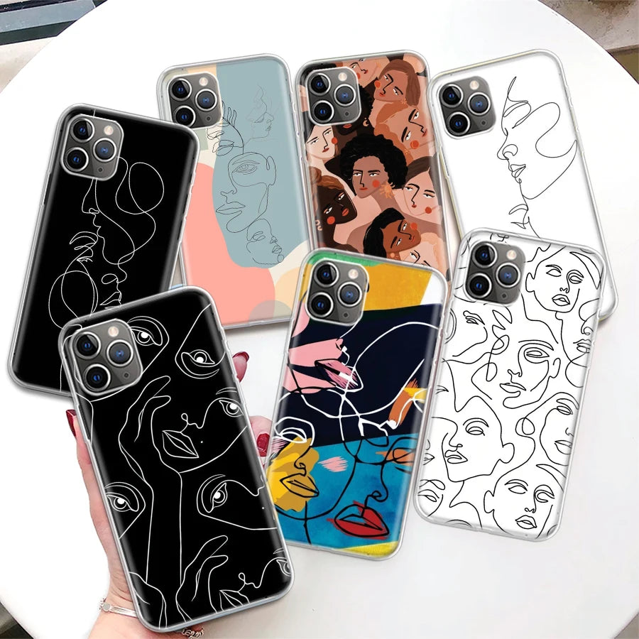 Abstract Line Women Face Coque Phone Case For iPhone 11 12 13 14 15 16 Pro Max 7 Plus 8 + X XR XS SE Apple Soft Fundas Cover 11