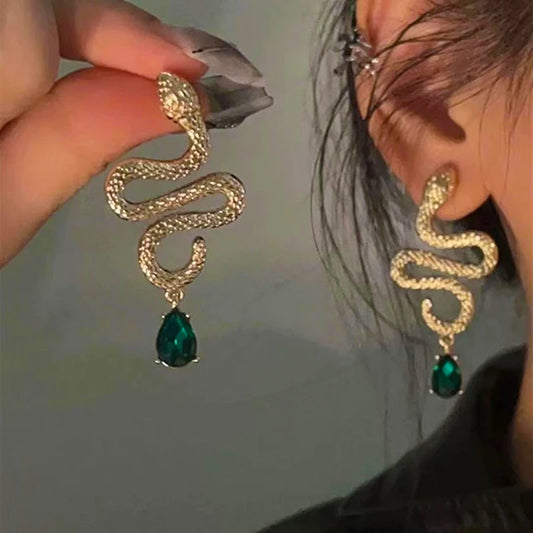 Green Crystal Pendant Gold Color Snake Shaped Earrings for Women