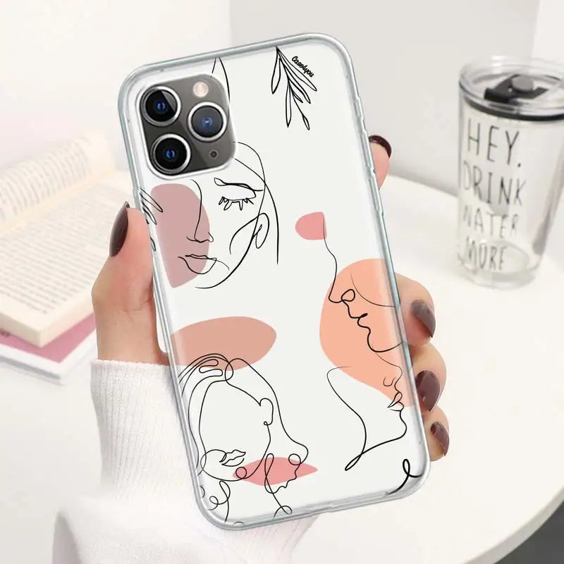 Abstract Line Women Face Coque Phone Case For iPhone 11 12 13 14 15 16 Pro Max 7 Plus 8 + X XR XS SE Apple Soft Fundas Cover 11