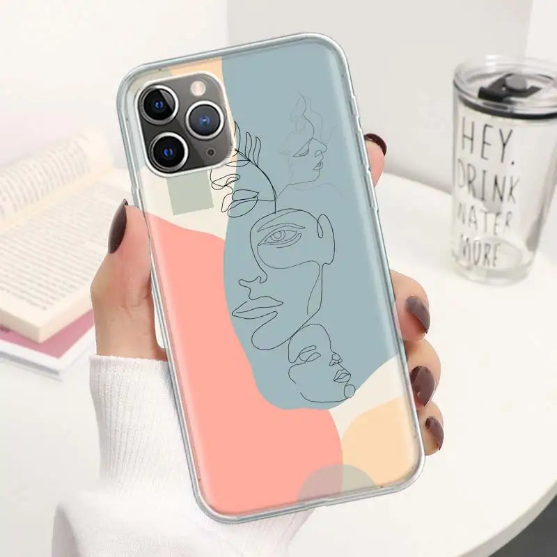 Abstract Line Women Face Coque Phone Case For iPhone 11 12 13 14 15 16 Pro Max 7 Plus 8 + X XR XS SE Apple Soft Fundas Cover 11