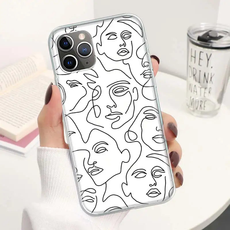 Abstract Line Women Face Coque Phone Case For iPhone 11 12 13 14 15 16 Pro Max 7 Plus 8 + X XR XS SE Apple Soft Fundas Cover 11