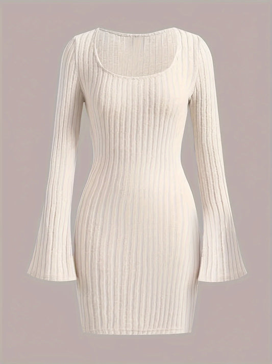 Elegant Ribbed Scoop Neck Long Sleeve Mini Dress for Women - Flattering Fit and Comfortable Fabric